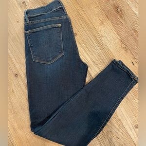 Frame Denim, Le High Skinny. Dark wash high waisted jeans with brown stitching